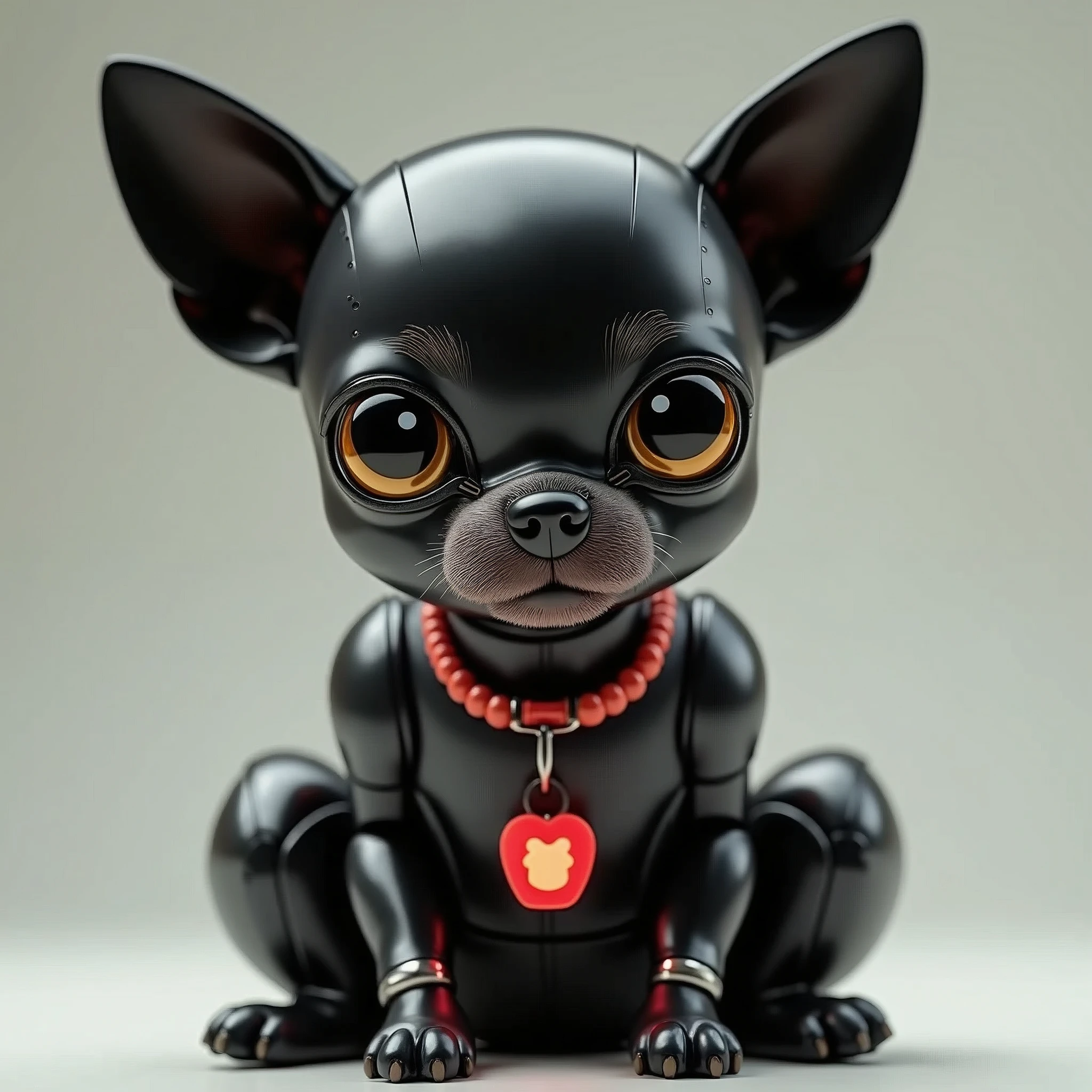 A realistic full body close-up shot of a robotically enhanced Chihuahua, its adorable black head with big golden eyes and a sweet expression, perched atop a sleek black metallic body with silver accents thick neon red dog color around the neck with a digital dog tag that is red with gleaming robotic legs but realistic black paws. The stark contrast between organic and synthetic features creates an intriguing visual dichotomy, inviting the viewer to ponder the intersection of technology and cuteness, retina, accurate, masterpiece, super detail, high details, best quality, award winning, highres, HD, 4K, 8k, 16k,