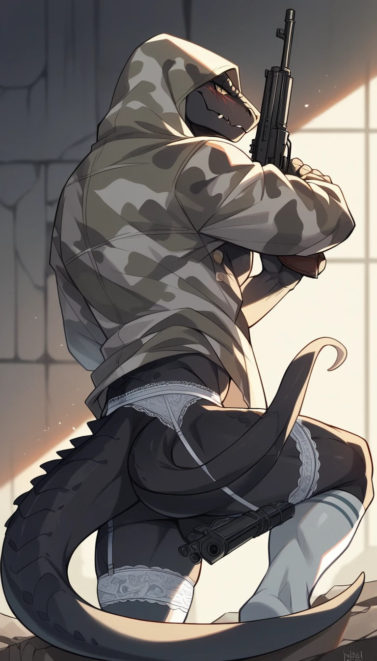 One person、A lizardman male wearing light blue lace underwear、Lace bra、masterpiece、Highest quality、Black body、There are scars on the body、Sharp Eye、Knee-high socks、garter belt、Long, thin tail、White camouflage coat with hood、gun、In the ruins、Swollen crotch、Side view、Ass