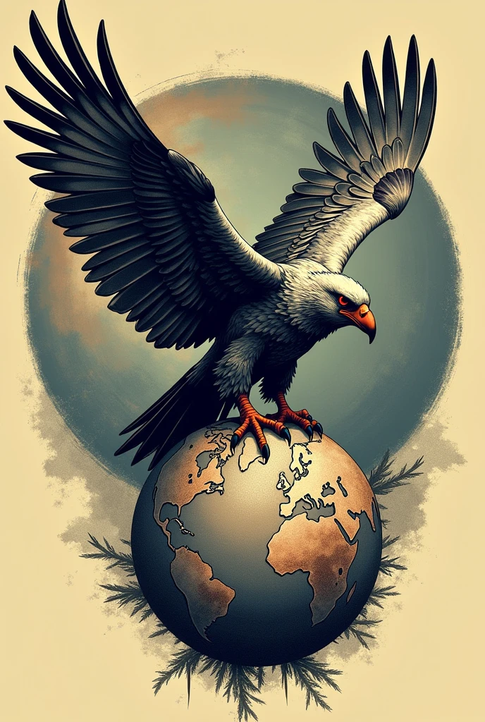 Band merch Design for a modern metalcore Post hardcore Band. Old school Tattoo artstyle. Picture Shows a half way rotted vulture with frayed wings above a circular sphere (like a globe with fisheye lense)