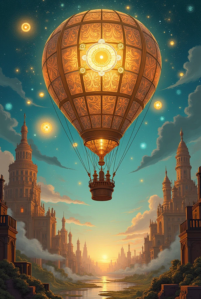 ((page of a comic book)) White steampunk hot air balloons with gears, Victorian styleAncient buildings, archeological ruins of lost civilizations and technologyrose gold cosmic backgroundcosmic flowersquantum steampunk gears multicolored and iridescent light colors symbolizing the technology of other ancient civilizations. The luminous dots are represented by glowing circles with intricate patterns and symbols, signifying the decentralized nature of the blockchain network. by gil elvgren and sachin teng and greg rutkowski and alphonse mucha, inspired by david lachapelle