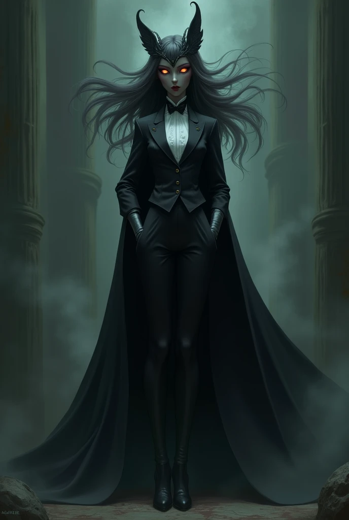 create an image of midna, a character from The Legend of Zelda, in its imprisoned form, wearing a suit and a black coat