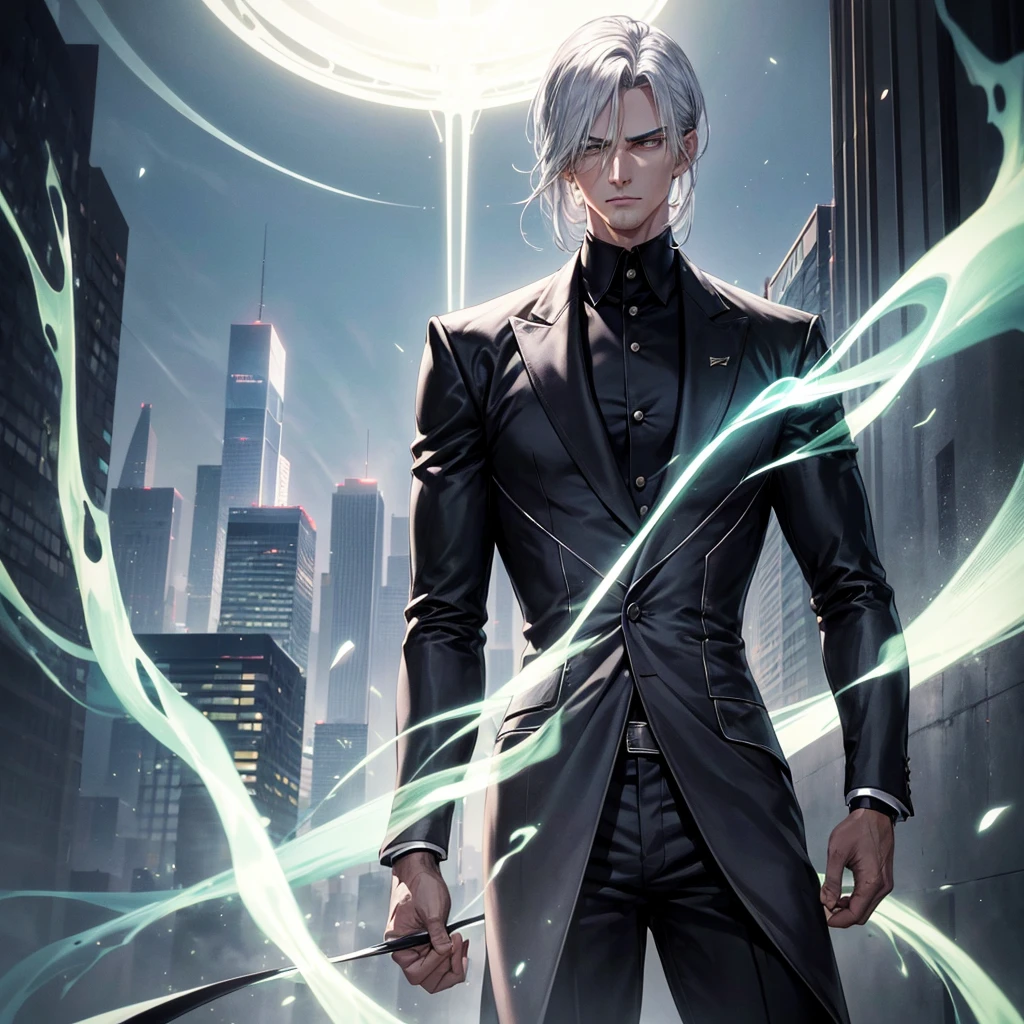 A tall, strikingly handsome man with silver hair and a blindfold over his eyes. He has a strong, confident stance, wearing a sleek, modern black uniform that hints at both power and elegance. His expression is calm yet intense, giving off a sense of being both untouchable and immensely powerful. The background is a city skyline at night, with a mysterious, glowing aura surrounding him, emphasizing his supernatural abilities