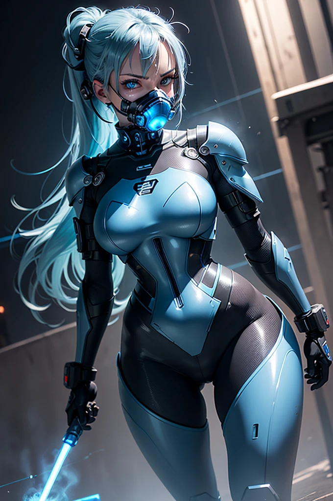 cyborg warrior girl flat horizon photo, Girl android , she has long light blue hair, hair tied up in a ponytail, she has a mask on her face, a respirator, a woman with sexy hips, incredibly beautiful blue eyes and a gas mask on her face, half cyborg, technological modifications. Cool girl, Beautiful face, pretty face, look at the camera, blue metal cybernetic android robot body, Large, wide hips, suit with blue indicator lines with many blue details, blue colour corset, blue glowing lines on clothing details, realistic face with detailed elaboration, long eyelashes and expressive blue eyes, cybernetic armor with a blue glow from under the joints and joints, she has blue eyes , frame with a flat horizon, Anime Style design, blue Lasers, blue smoke fountain on background Cyberpunk style, high image detail, 4k quality, the camera films Her from below, lower angle of photography, image of a night and blue neon lights, blue lamps, blue lighting, blue glare