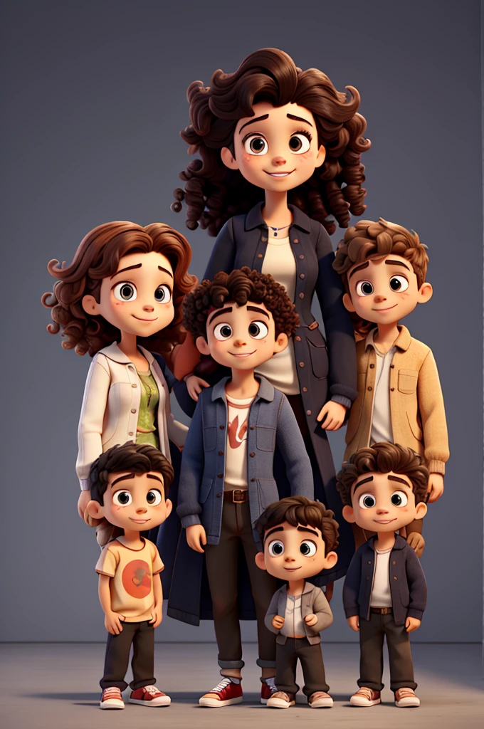 A young mother of 30 with curly hair and her three children, one over ************, very handsome.,  one over 10 years old with curly hair and the other youngest son under 10 years old next to her husband who is over 30 years old, tall black haired, all dressed in retro style 