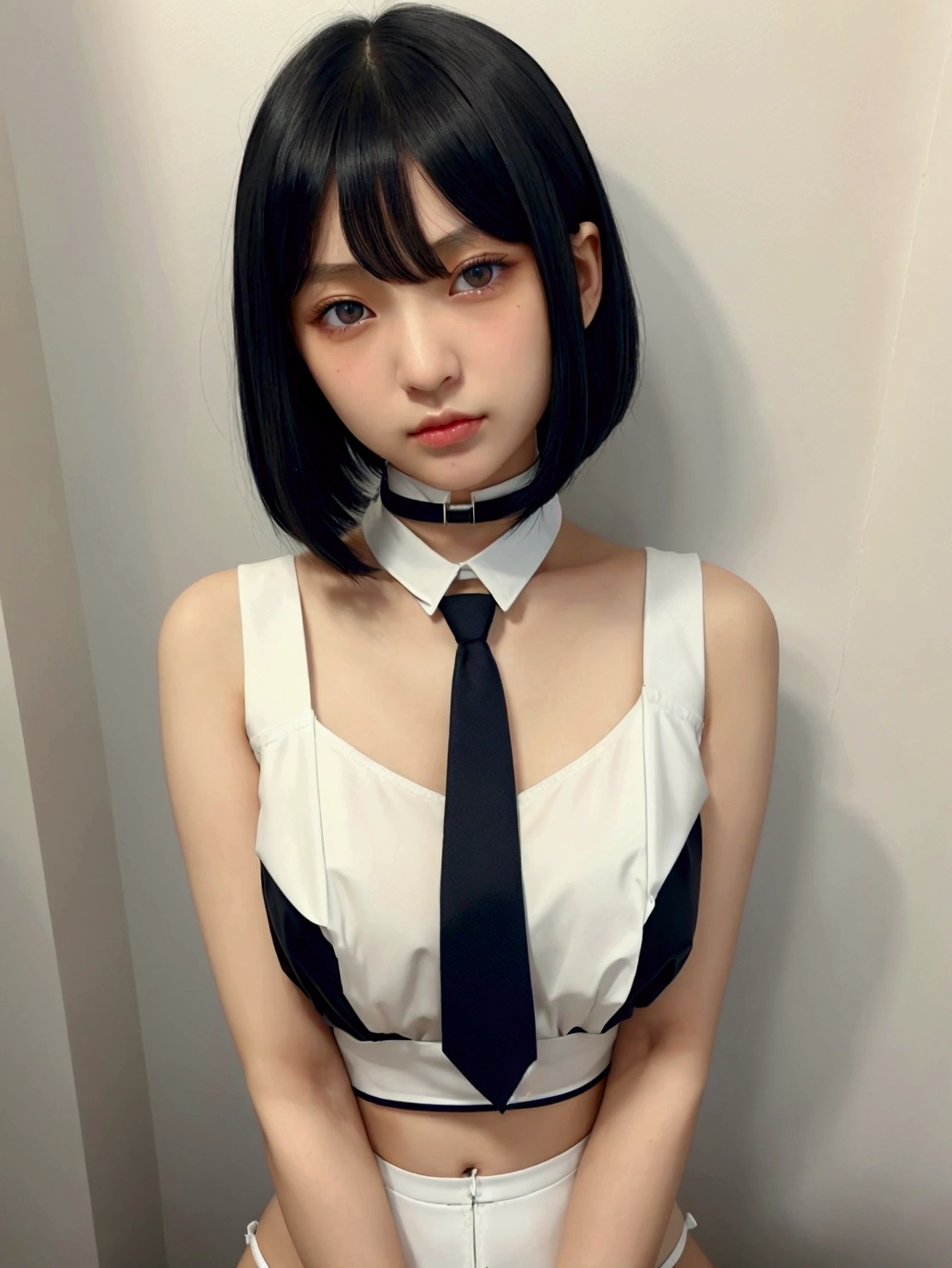 neat girl is beautiful japanese female and beautiful russian female mixed race only in the face age is 17 features of the whole body black hair medium straight bob cut hair style beautiful small face with short eyelashes boyish eyes only high nose dark blue pupils very thin upper lip milky white skin accurate attractive body shape beautiful bust waist hip s thighs knees legs choker and tie on neck shirt with collar