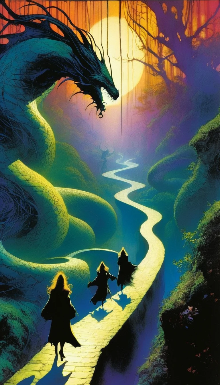winding path, magic, fantasy,sexy monsters,art inspired by Bill Sienkiewicz and dave mckean