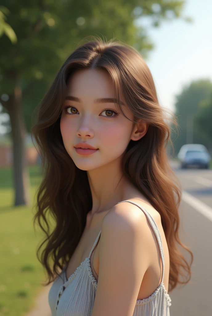 A ai photo of a girl name lilly 
Her age like 28+
Long Hair brown al little curly 
Top 
Background of a little busy road near some trees and grass 
A little smile on her face
White skin 
And like real
Very beautiful 
Soft skin