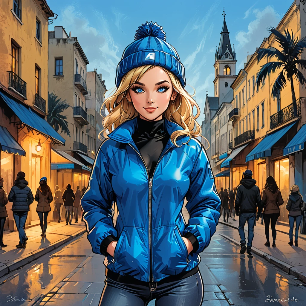 evening, city square, on the street on which a music band plays, street, tropical street, palm trees, people in tropical cloth on the street, ((girl in Blue zipped up down winter jacket and black turtleneck )) and (jeans) and blue gloves and (((blue winter hat)))) extending her hand to the observer with a smile,adult, [Nordic], Hourglass elongated fitness body, perfect Olive skin, Oval Face, Long neck, Rounded shoulders, perfect hand, Attached Pointed ears, round forehead, (Short blonde Waves pixie hair), snub nose, Arched eyebrows, ((monolide blue Eyes)), High Round Narrow cheekbones, Dimpled Cheeks, Rounded Chin, Rounded Jawline, Full nude Lips, (blue eyes), Nude Makeup Look, long eyelashes, third breast size, long slim fitness legs, graphic style of novel comics, perfect hands, 2d, 8k, hyperrealism, masterpiece, high resolution, best quality, ultra-detailed, super realistic, Hyperrealistic art, high-quality, ultra high res, highest detailed, lot of details, Extremely high-resolution details, incredibly lifelike, colourful, soft cinematic light,