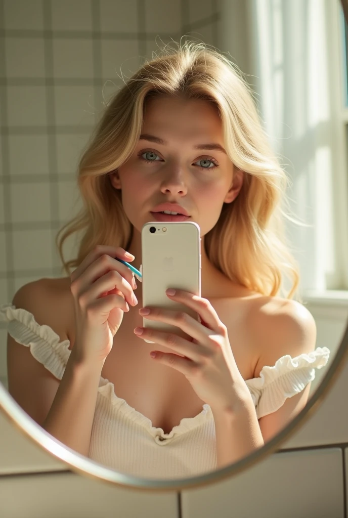 Belle fille blanche qui prend un selfie en se brossant les dents