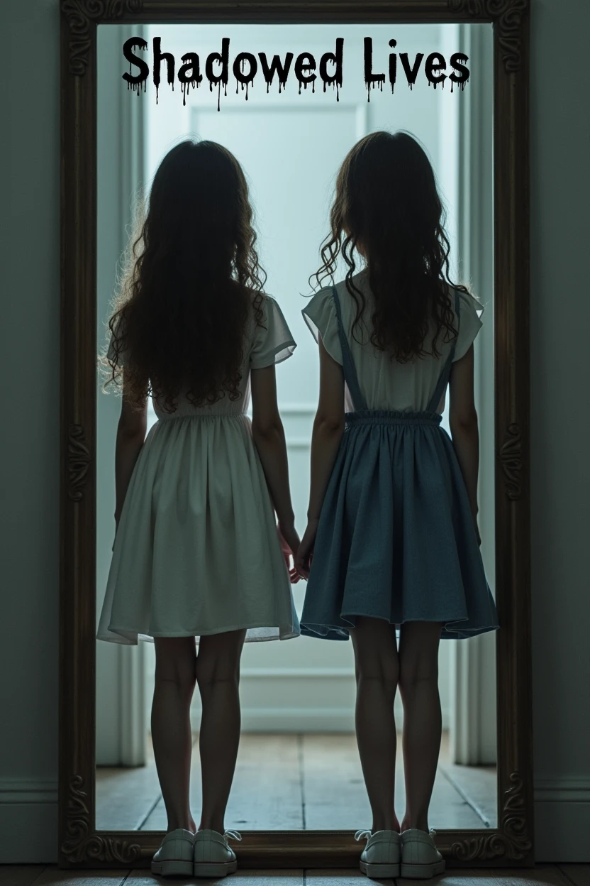 Two girls standing on one side of the mirror and their horror clones on the other side and on top the words ' Shadowed Lives ' is written