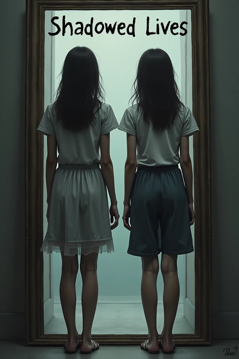 Two girls standing on one side of the mirror and their horror clones on the other side and on top the words ' Shadowed Lives ' is written