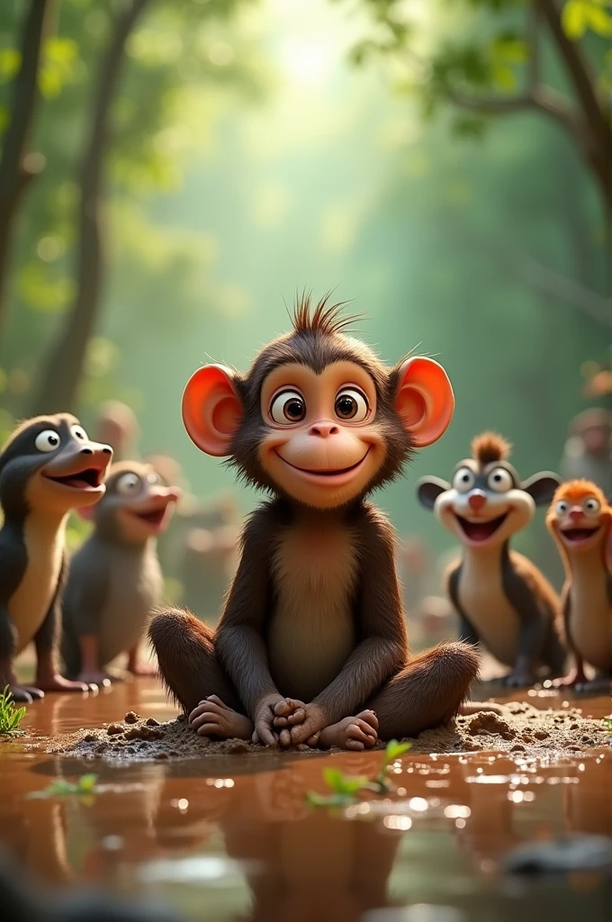 Max the monkey sitting in the middle of the mud puddle, covered in mud, while the animals around him laugh and cheer."