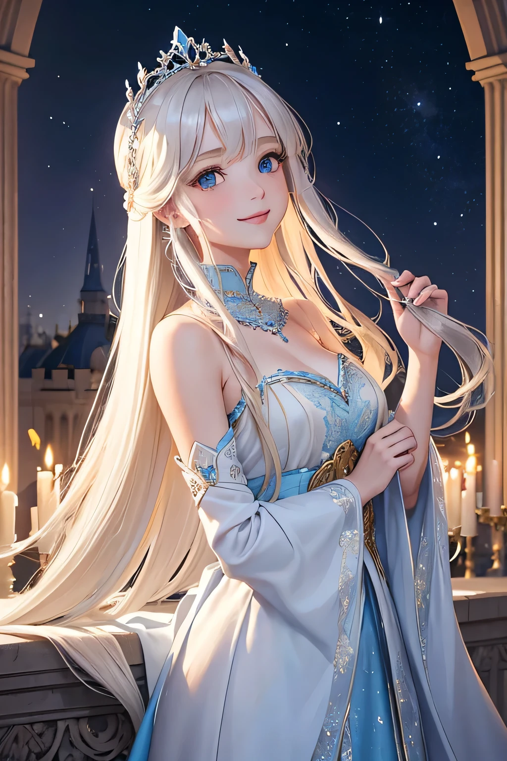A beautiful white princess with long blonde hair, wearing a flowing blue gown with intricate silver embroidery, stands on a grand palace balcony under the starry night sky. She smiles warmly and waves to the cheering crowd below. The moonlight bathes her in a soft glow, illuminating her golden hair and the silver details of her gown. Behind her, the palace is softly lit, creating a magical ambiance,(((Upper body)))