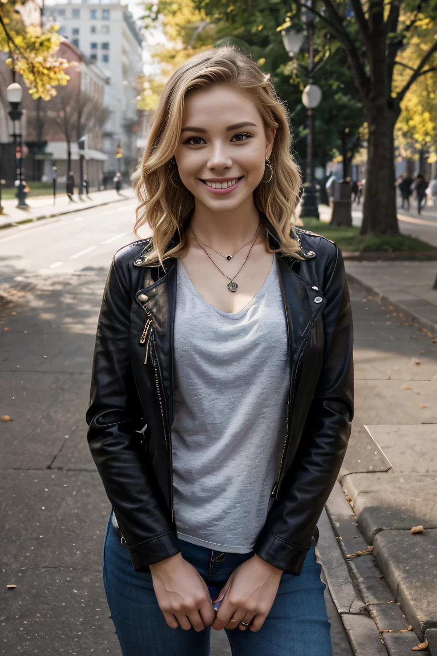 High resolution, 8k wallpaper, Beautiful Caucasian Woman、Full body photo、,Posing in the park、leather jacket、shirt、Skinny jeans、sneakers、、Necklace around the neck、 blonde 、short hair、Wavy Hair、ear piercing、smile、Beautiful teeth