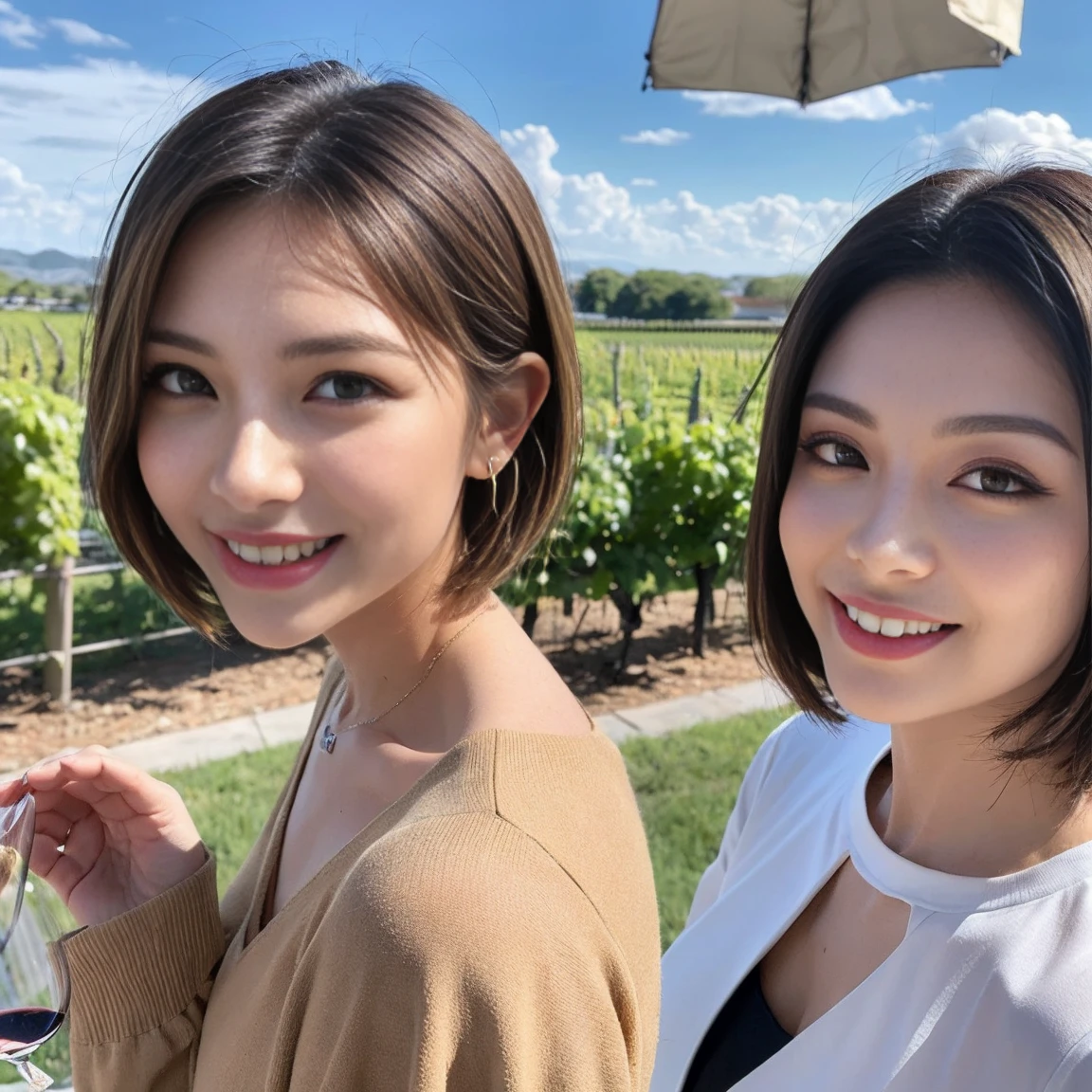 (Realistic:1.1),(masterpiece,Highest quality),8k,(49 years old), 53 years old, ベリーslimボディ、slimカップル、Tight waist,Upper Body,full-course dinner、wine 、Amazing view of the sunset sky and clouds、Perfect Anatomy, Brown Hair, short hair,Random Hairstyles,((Highly detailed face and eyes:1.2)),Perfect golden ratio face,Long sleeve shirt、dress,(smile:1.2)、Shortcuts、cute、(Realistic, Intricate details:1.2), A bright smile、short hair,Bright Face、赤wine 、Appetizers、Italian food、wine bottle、Champagne、スパークリングwine、(slimな顔), (The body is slim), (Brown Hair), (Shortcuts), Upper Body, 白wine, slim, wineグラス,