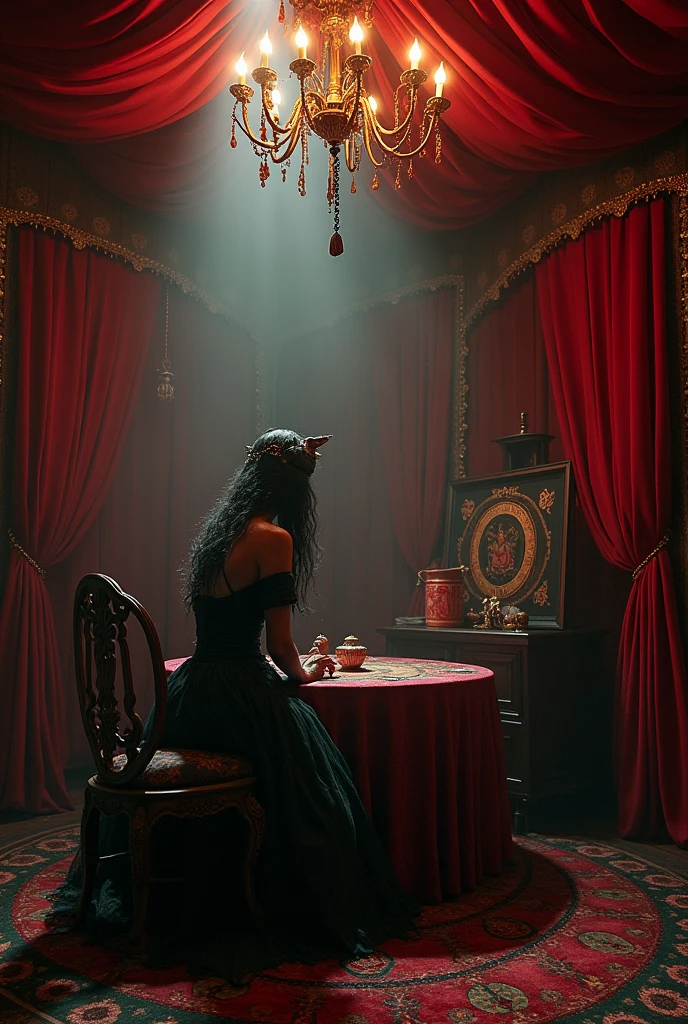 A fortune-telling room run by a mysterious and beautiful gypsy woman located inside a creepy circus.
