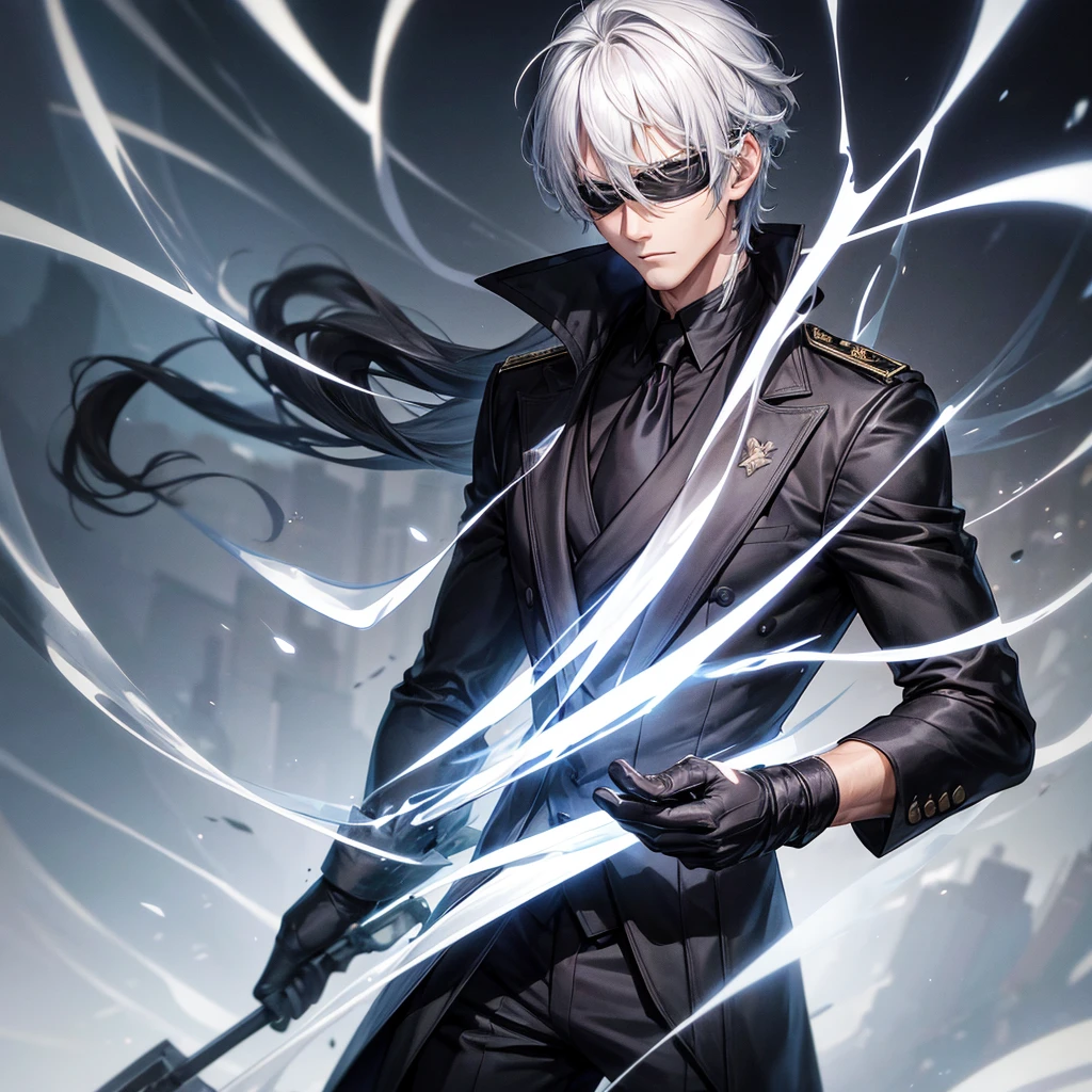 A tall, strikingly handsome man with silver hair and a blindfold over his eyes. He has a strong, confident stance, wearing a sleek, modern black uniform that hints at both power and elegance. His expression is calm yet intense, giving off a sense of being both untouchable and immensely powerful. The background is a city skyline at night, with a mysterious, glowing aura surrounding him, emphasizing his supernatural abilities