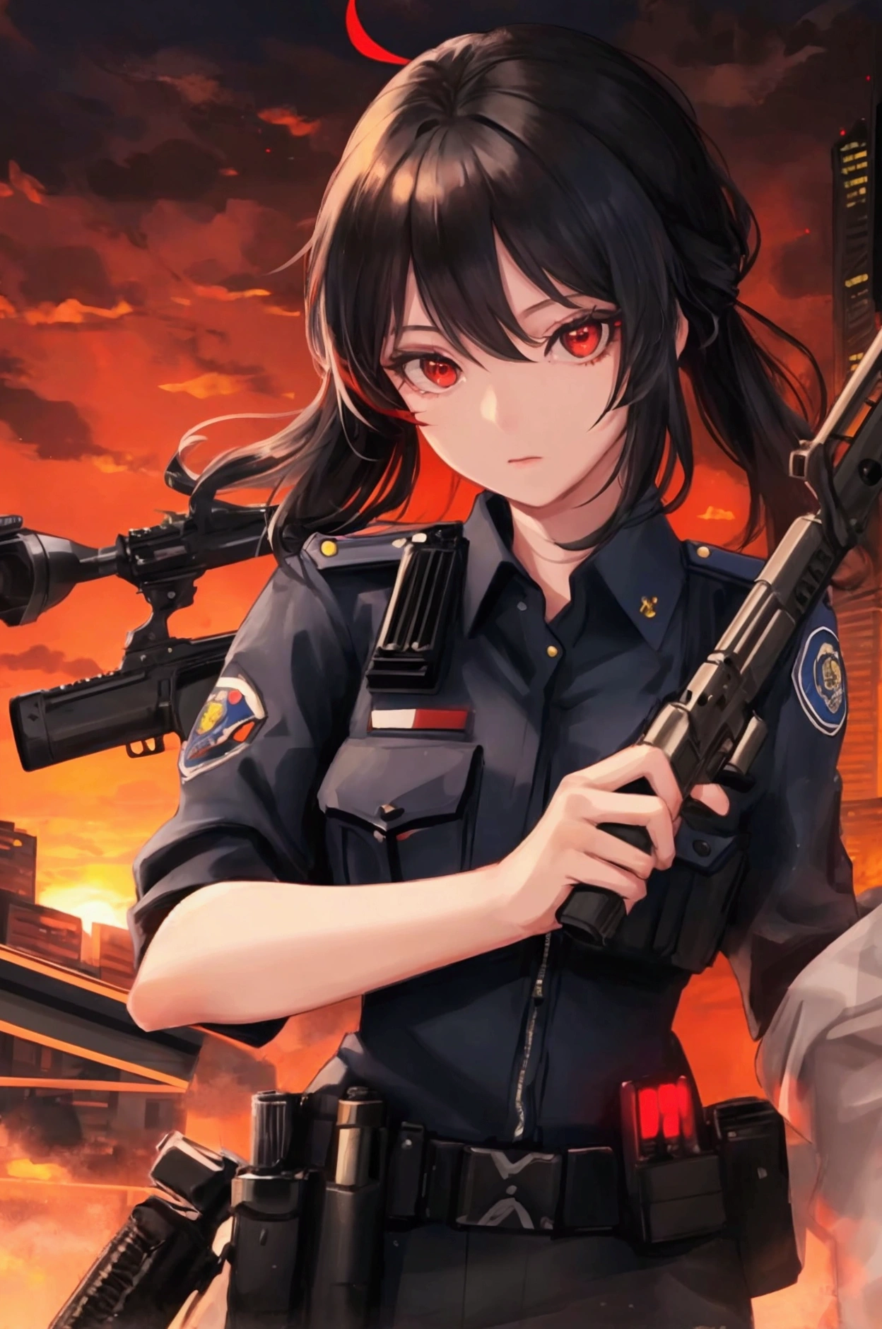 Girl, police, city, sunset night, holding a gun, black hair, red eyes