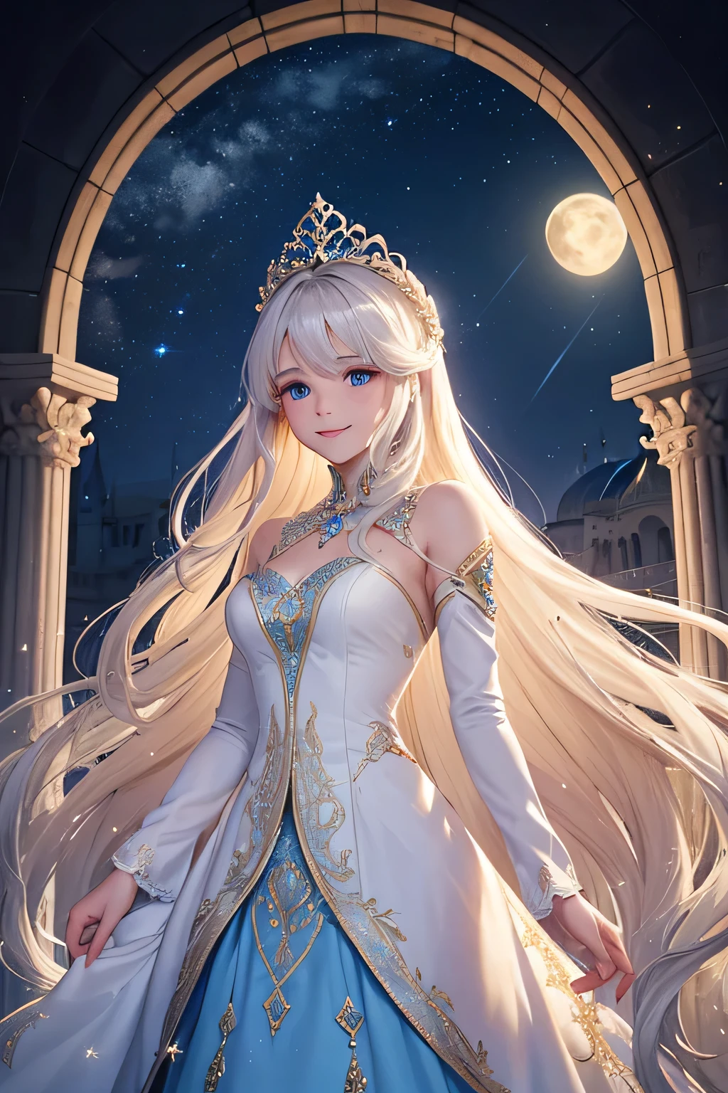A beautiful white princess with long blonde hair, wearing a flowing blue gown with intricate silver embroidery, stands on a grand palace balcony under the starry night sky. She smiles warmly and waves to the cheering crowd below. The moonlight bathes her in a soft glow, illuminating her golden hair and the silver details of her gown. Behind her, the palace is softly lit, creating a magical ambiance,(((Upper body)))