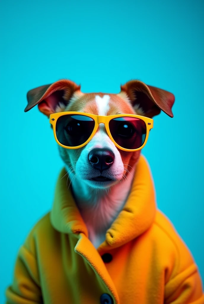 The best cell phone wallpaper, Award-Winning Wallpaper, portrait photography, In the front view is a portrait of a cute dog wearing mid-1960s space age fashion, Side view photo, Shot with Canon EOS R5, Set a strong contrast that accentuates the subject, Fluorescent blue tone, Wearing a very modern coat and sunglasses is a modern 1960s style, Clothes all in one color, beautiful background