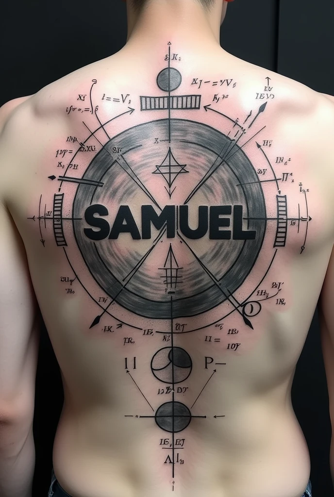 Create a tattoo with symbols used in mathematics forming the name Samuel, and other random mathematical symbols lying around, something that represents the mathematical science of the universe