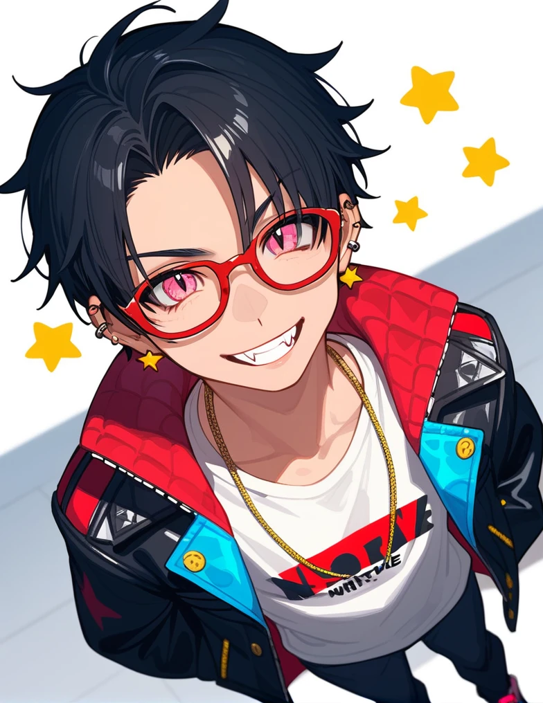 score_9_above,score_8_above,1 man,white orange and black hair,funny,Alone,Phototropism,Y2K ,look at the viewer, gyaru style clothing, smile showing fangs, animal print, face piercings, pink eyes with yellow stars, red glasses,High resolution, masterpiece, detail, HD Model, anatomically correct,