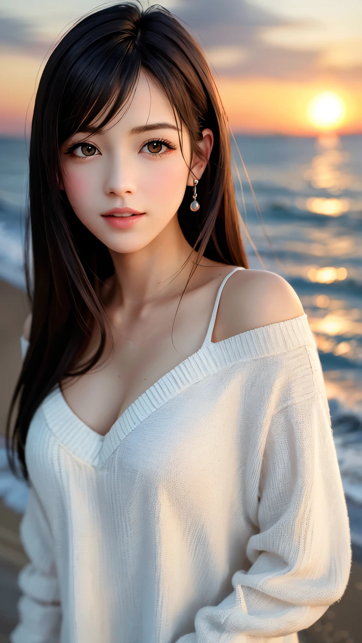 {Top Quality, Masterpiece}, (Realistic: 1.3), Wallpapers, ultra high res, ultra high quality, BREAK {{{FF7,Tifa_lockhart, solo}}},{Ultra-detailed face, Detailed Red eyes},(black Brown Hair, Large breasts: 1.0),(Imaginative Macanese Female Page, background is Unique seaside, at Sunrise), BREAK {wearing oversized loose sweater, off shoulder, Exquisite cloth, white Clothes}, clothed, (No Bra) ,(shiny oiled skin: 1.1), about 18 years old, BREAK {cute, kawaii},{{model pose}}, {{erotic eyes, erotic mouth, erotic face}}