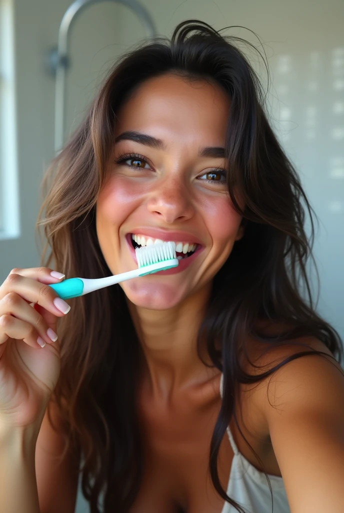 Beautiful white girl taking a selfie while brushing her teeth where you can&#39;t see the phone with the toothbrush in her mouth more latin