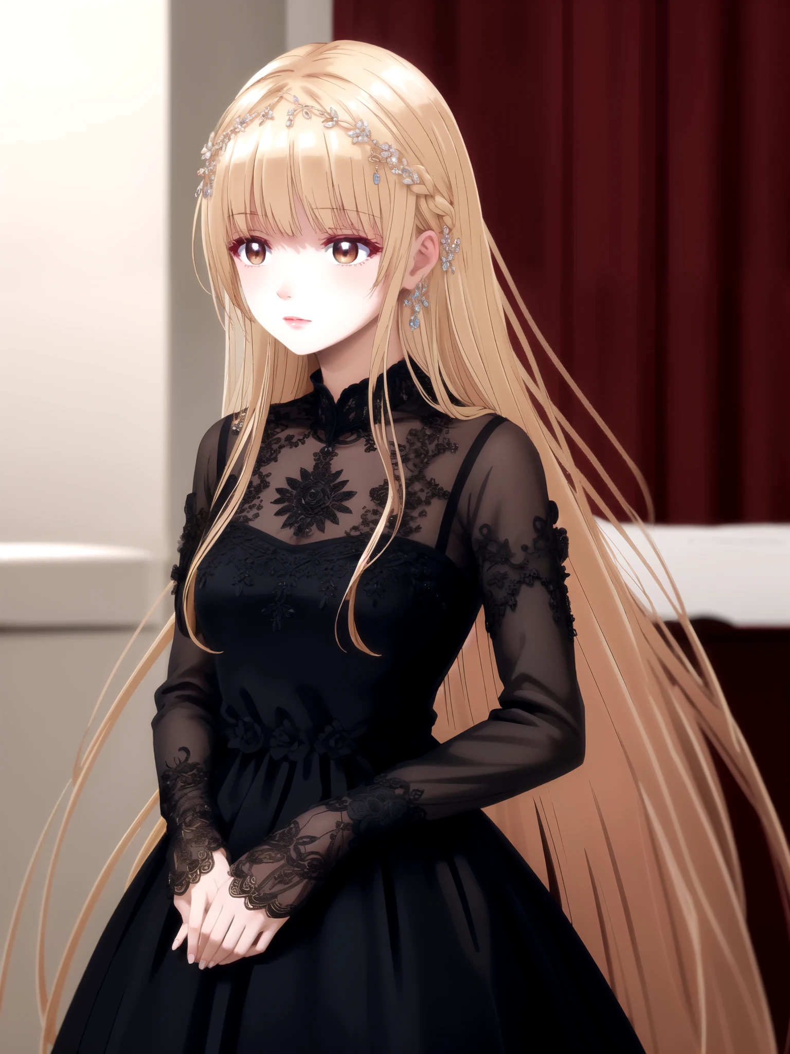 best quality, intricate details,
anya melfissa, very long hair, hair ornament, black dress,