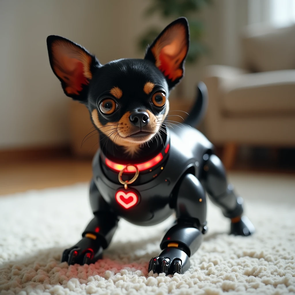 A realistic full body close-up shot of a robotically enhanced Chihuahua, its adorable black head with big golden eyes and a sweet expression, perched atop a sleek black metallic body with silver accents thick neon red dog color around the neck with a digital dog tag that is red with gleaming robotic legs but realistic black paws. playing on the carpeted floor in a living room, The stark contrast between organic and synthetic features creates an intriguing visual dichotomy, inviting the viewer to ponder the intersection of technology and cuteness, retina, accurate, masterpiece, super detail, high details, best quality, award winning, highres, HD, 4K, 8k, 16k,