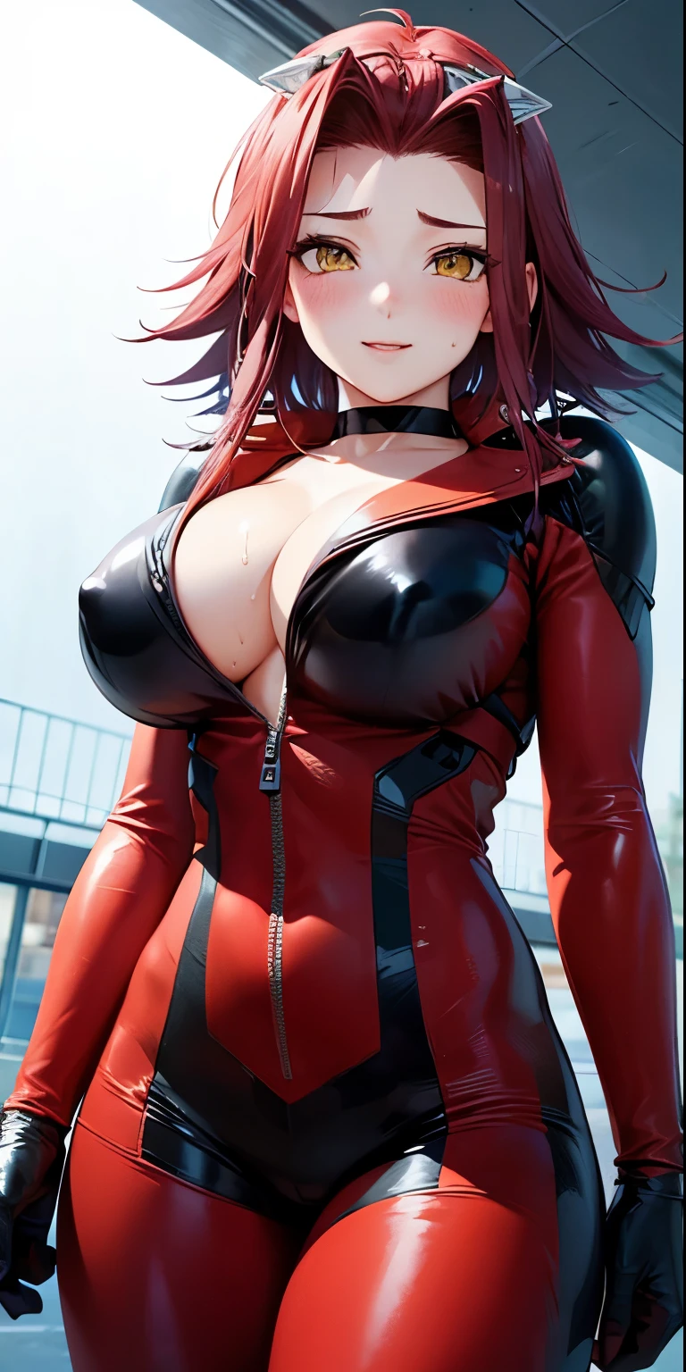 1 Female,High definition,high resolution,Ultra-realistic,8K, aki1, izayoi aki, solo, cleavage, bikesuit, bodysuit, choker, unzipping, open bodysuit, gloves, yellow eyes,European,sexy,Upper body close-up,Photographed from the front,Dynamic Angles,blush, big tits,(wide thighs:1.3), happy, wink the eye,facial, sweat