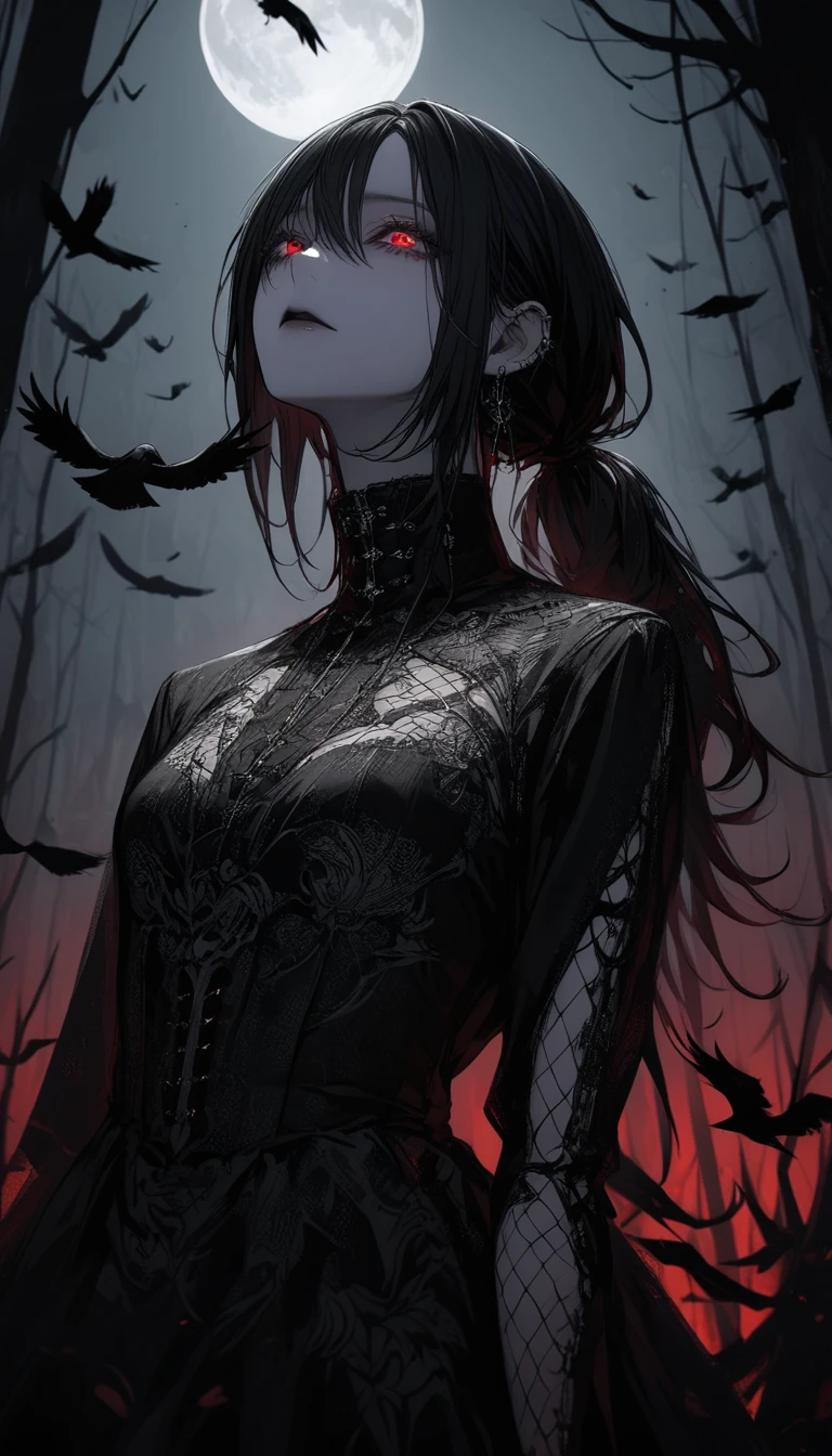 (Dark and scary atmosphere,Gothic Fashion,Dark colors),(Highest quality,Super exquisite item),Very sexy vampire girl,A large number of red spider lilies in full bloom on a red full moon night,Beautiful and delicate eyes,Beautiful black straight ponytail,Crow's feathers,Pale skin,Fishnet tights,A black and white lace dress with a small amount of fabric,The moonlight illuminates her silhouette,A fantastic background created by darkness and moonlight,She is a tall girl who looks like an adult.,A crow is flying,Crow's feathersが舞う,Are standing,Deep foggy forest behind,(Courtesy),((The shadows of several hanged bodies in the forest behind)),A flock of crows swarming around a corpse,Hanging