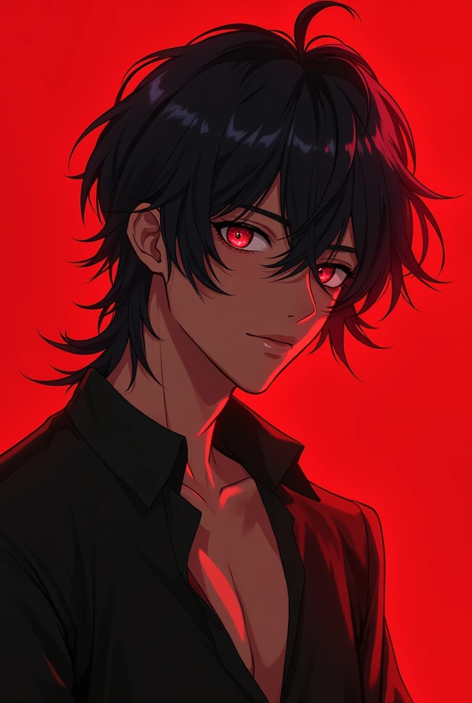 anime sexy boy long hair and tan skin with red background 
