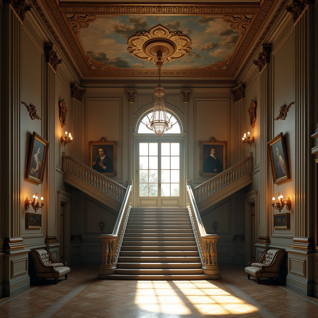 Créez une image impressionnante d&#39;un grand hall d&#39;entrée avec une entrée à large panneau. dans le centre, un escalier majestueux mène vers le haut, avec une branche à droite et une autre à gauche, fusionnant gracieusement au palier du deuxième étage. au-dessus de, un magnifique, un lustre complexe pend du plafond, lancer un soft, lueur éthérée. Sur les murs, bougeoirs anciens, recouvert de délicates toiles d&#39;araignées, rester en sommeil. Le hall est orné de poussière, des portraits usés par le temps et des rideaux en lambeaux qui ajoutent un air de mystère et de nostalgie.