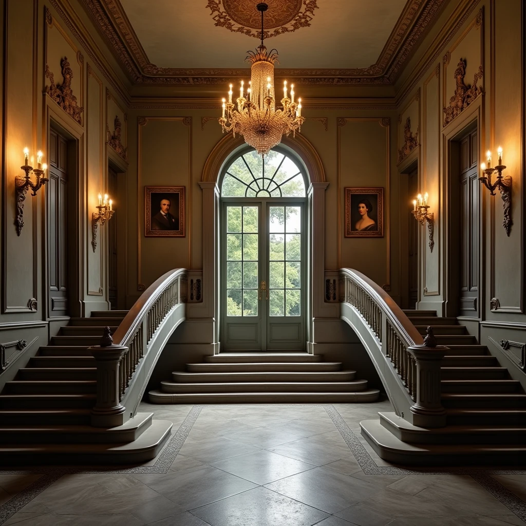 Créez une image impressionnante d&#39;un grand hall d&#39;entrée avec une entrée à large panneau. dans le centre, un escalier majestueux mène vers le haut, avec une branche à droite et une autre à gauche, fusionnant gracieusement au palier du deuxième étage. au-dessus de, un magnifique, un lustre complexe pend du plafond, lancer un soft, lueur éthérée. Sur les murs, bougeoirs anciens, recouvert de délicates toiles d&#39;araignées, rester en sommeil. Le hall est orné de poussière, des portraits usés par le temps et des rideaux en lambeaux qui ajoutent un air de mystère et de nostalgie.