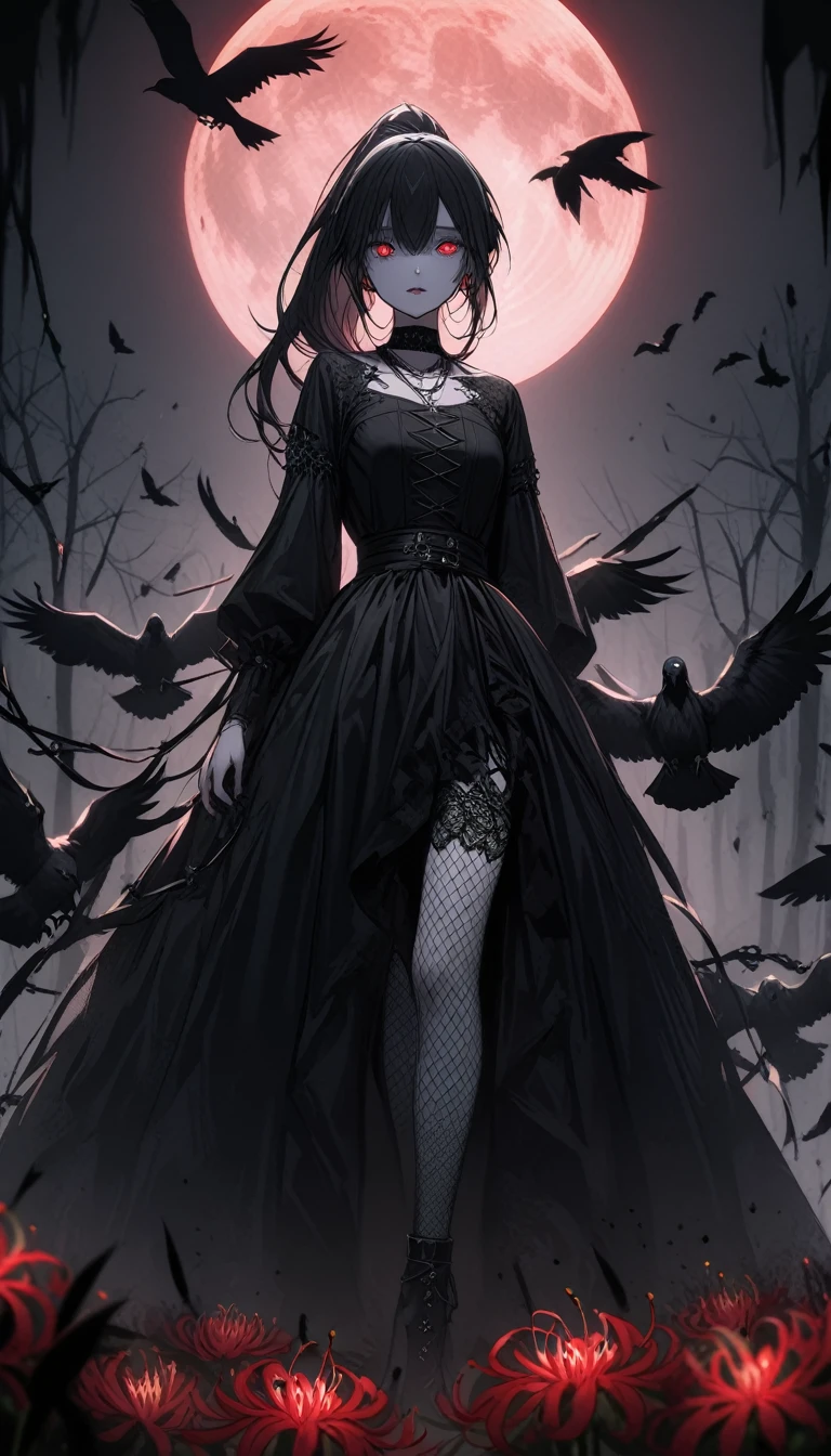 （Dark and scary atmosphere,Gothic Fashion,Dark colors）,（Highest quality，Super exquisite item）,Very sexy vampire girl,A large number of red spider lilies in full bloom on a red full moon night,Beautiful and delicate eyes,Beautiful black straight ponytail,Crow's feathers,Pale skin,Fishnet tights,A black and white lace dress with a small amount of fabric,The moonlight illuminates her silhouette,A fantastic background created by darkness and moonlight,She is a tall girl who looks like an adult.,A crow is flying,Crow's feathersが舞う,Are standing,Deep foggy forest behind,（Courtesy）,((The shadows of several hanged bodies in the forest behind)),A flock of crows swarming around a corpse,Chained,Hanged by a chain around the neck,Hanging