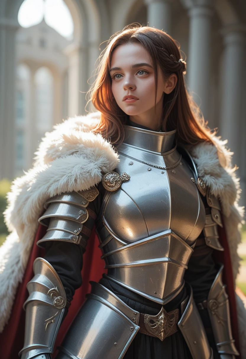 Artwork of full armored knight girl, ((dark armor)), fur cape, very detailed, masterpiece 