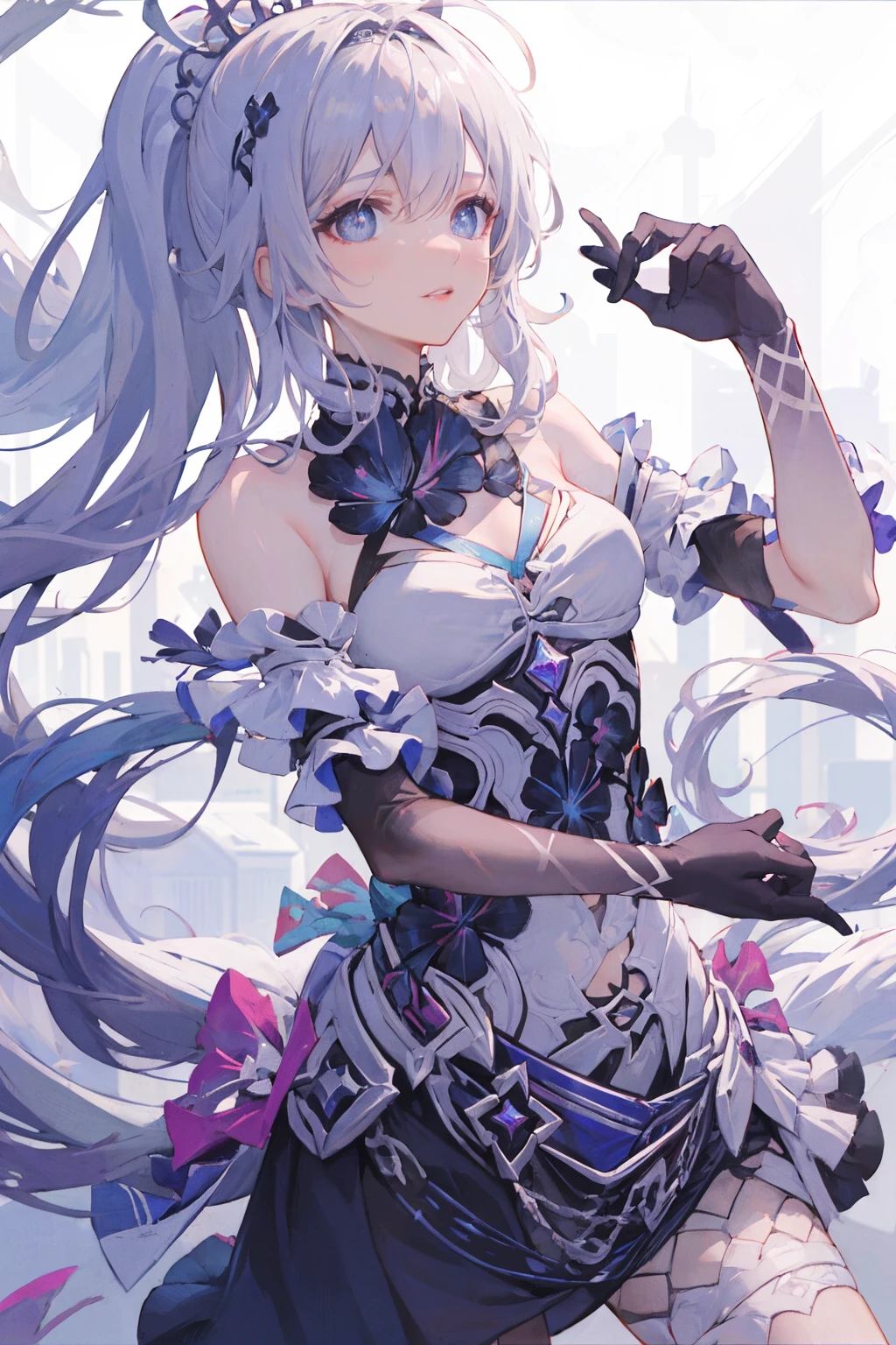 (best quality,8k,highres,masterpiece:1.2),ultra-detailed,(anime),extremely detailed facial features,beautiful detailed eyes,beautiful detailed lips,soft lighting,fantasy landscape,vivid colors,flowing dress,long white hair,blue eyes,1girl,Herrscher of Finality,Kiana \ (Honkai Impact 3),solo, zoom out