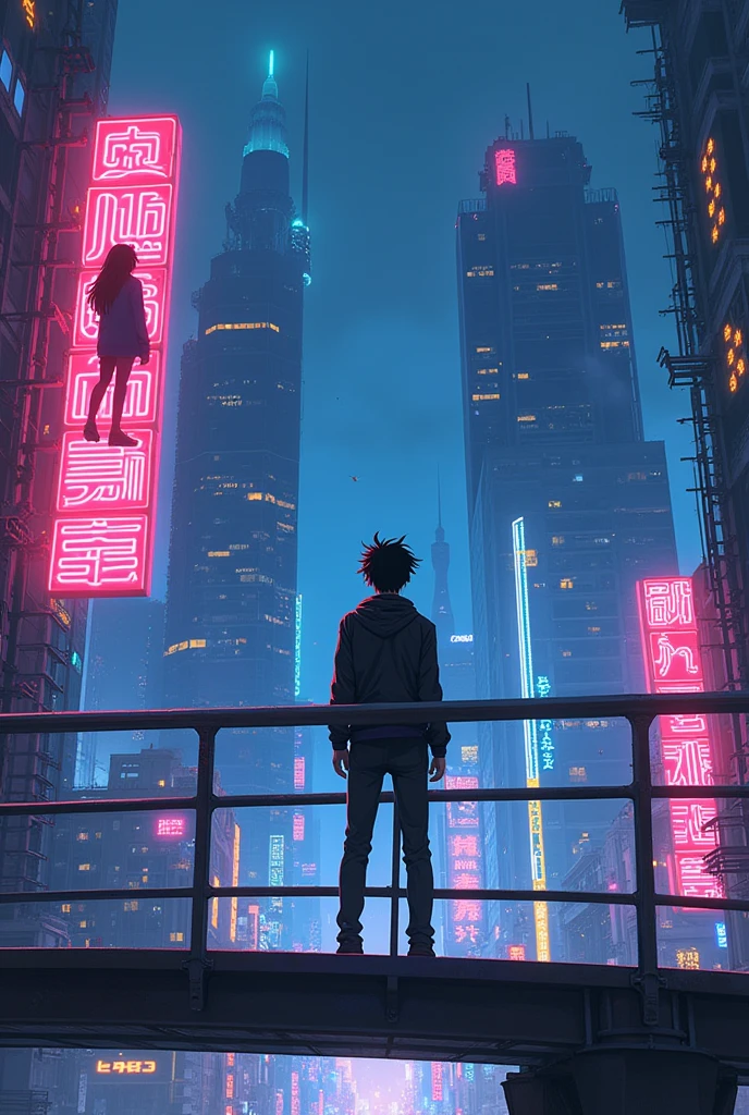 Create a book cover with anime style, a futuristic night city and a teenager standing on a metal bridge with shadow monsters behind him looking at girl looking at him on a 3d bright futuristic sign