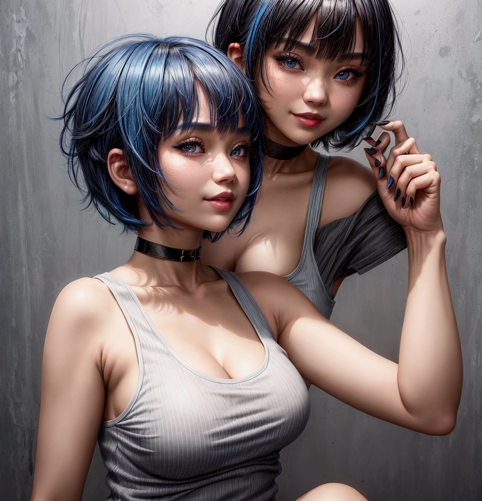 1girl, bangs, asian girl, bare shoulders, black choker, blue hair, black nails, blue eyes, blue hair, bob cut, breasts, choker, cleavage, collarbone, grey background, lips, medium breasts, nail polish, parted lips, short hair, smile, solo, tank top, upper body, white tank top