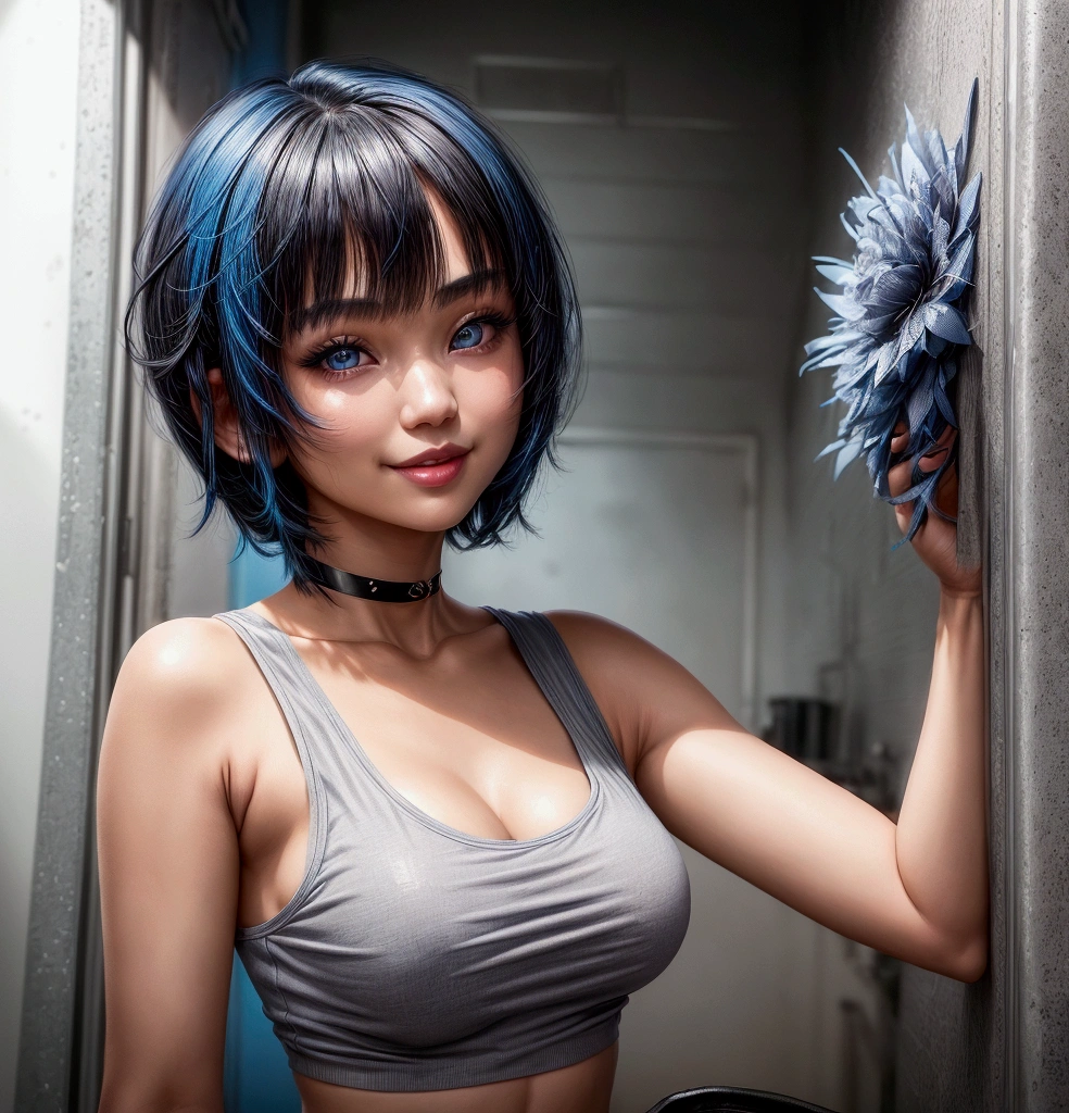1girl, bangs, asian girl, bare shoulders, black choker, blue hair, black nails, blue eyes, blue hair, bob cut, breasts, choker, cleavage, collarbone, grey background, lips, medium breasts, nail polish, parted lips, short hair, smile, solo, tank top, upper body, white tank top
