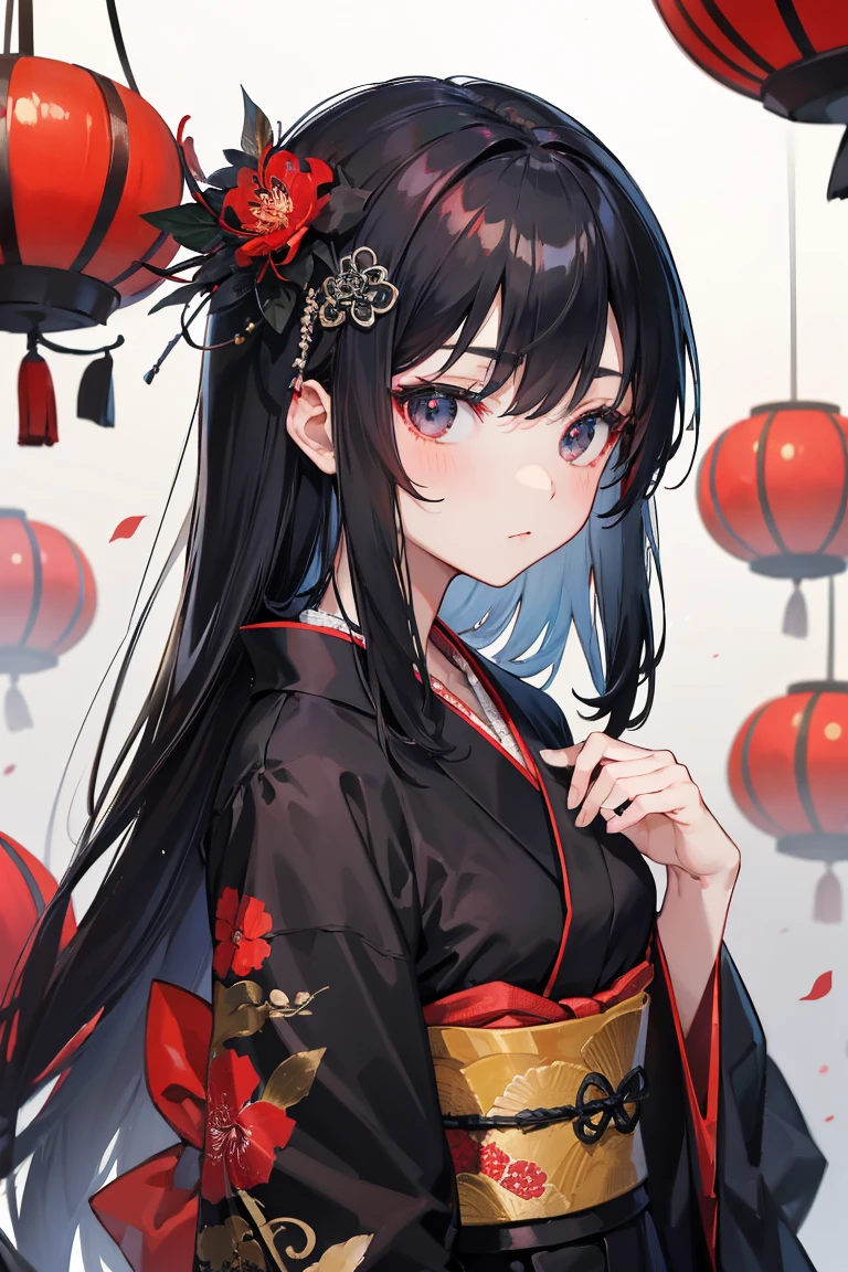 best quality, masterpiece,黑色的hair帶有紅色挑染, Black eyes,Red spider lily,Kimono Girl,Black red kimono,Hell Girl ,hair,White skin,