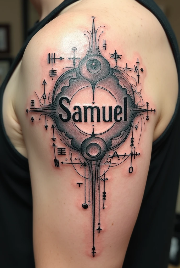 Create a tattoo with symbols used in mathematics forming the name Samuel, For example, os can be the symbol of integral, oa can be the alpha symbol and so on. and other random mathematical symbols lying around, something that represents the mathematical science of the universe