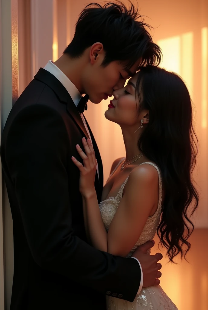 (Jeon jungkook) (tall height, best personality) (black messy hairs) (wearing a black tuxedo) (kissing a girl with long black hairs) 