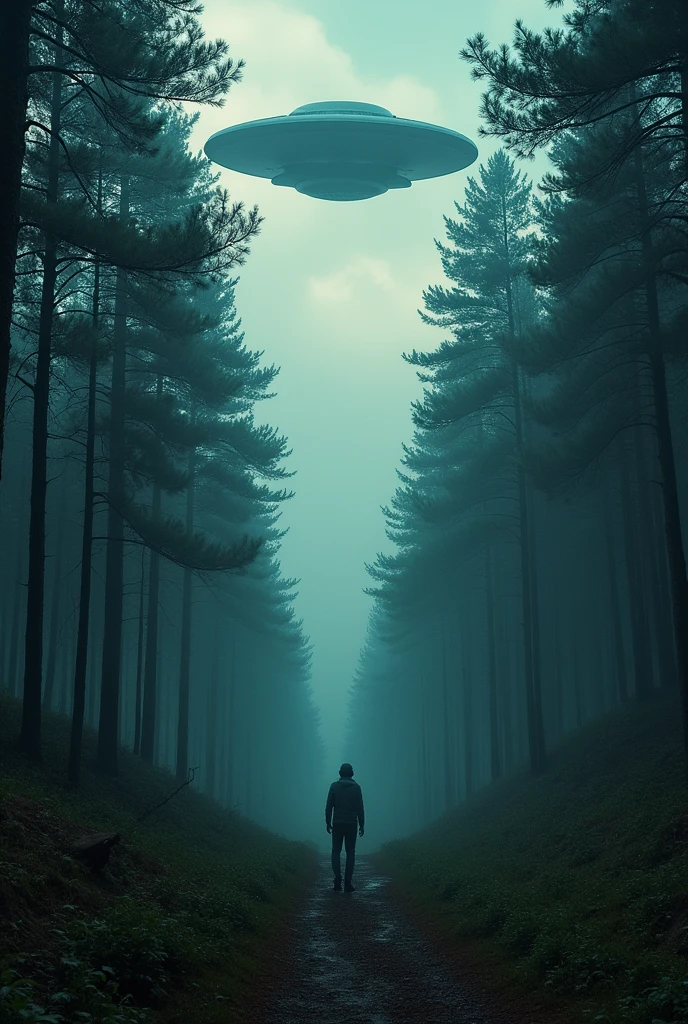 A very remote forest flown over by a UFO in horror style.