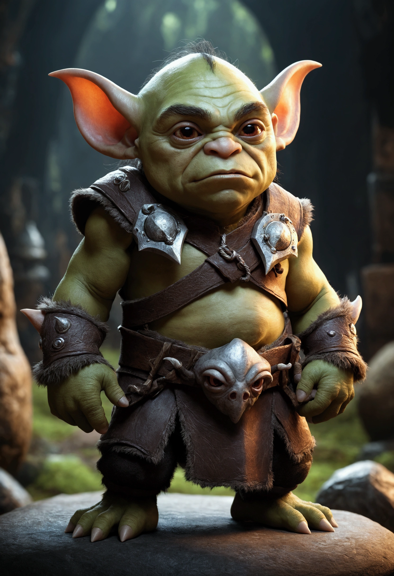 A cute little monster with orc features, and some elf and mouse features