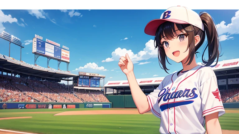 Before a high school baseball game、Please draw an illustration of a high school girl cheering and holding a placard to support her team.。They are full of energy、In the background is a blue sky and the stands of a baseball stadium.。