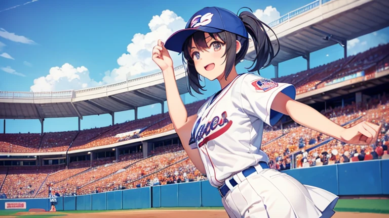 Before a high school baseball game、Please draw an illustration of a high school girl cheering and holding a placard to support her team.。They are full of energy、In the background is a blue sky and the stands of a baseball stadium.。