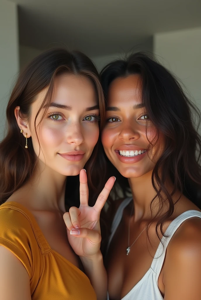 Beautiful white girl taking a selfie where you can't see the phone plus Latina making a V with her fingers all by herself