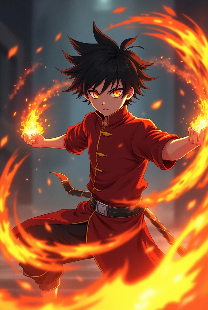 Generate an image of a kimetsu no yaiba character who is a demon hunter, let it be a man,a young character,that has the lion's breath and a little fire.